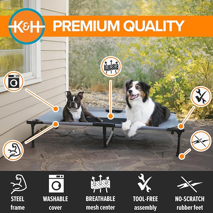 K&H Outdoor Elevated Dog Bed, Cooling Raised Dog Bed, Gray, XL 50x32in | Pet Cot for Large & Extra Large Pets, Breathable Mesh Center Hammock Design, Indoor/Outdoor Washable Cover, 50x32in