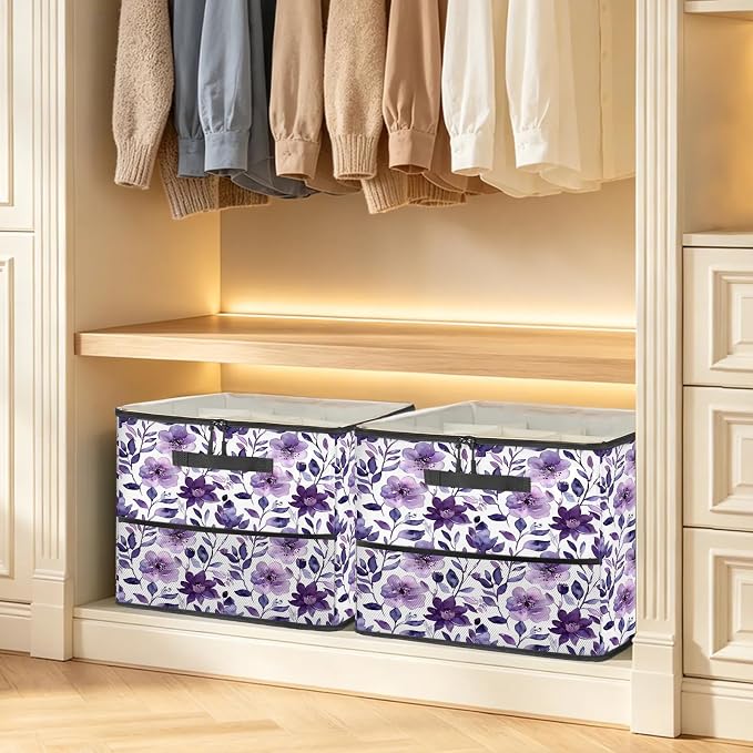TropicalLife Purple Floral Shoe Organizer for Closet | Foldable Shoe Storage Box Bin 16-32 Pair Shoe Storage for Sneakers, Boots & Heels with Adjustable Dividers, Clear Cover