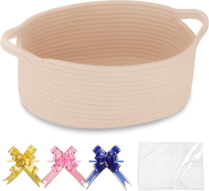 COMSE Small Woven Basket with Gift Bags and Ribbons, Gift Basket Empty, Cotton Rope Storage Organizer, Baby Toy Box with Handles, 12" x 8" x 5", Beige