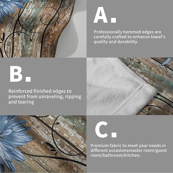 Giwawa Rustic Barn Sunflower Wooden Hand Towel 15x30 Set of 2, Fall Blue Daisy Flower Plank Fingertip Towel Retro Board Face Towel Country Barnwood Washcloth for Bathroom Farmhouse Log Cabin