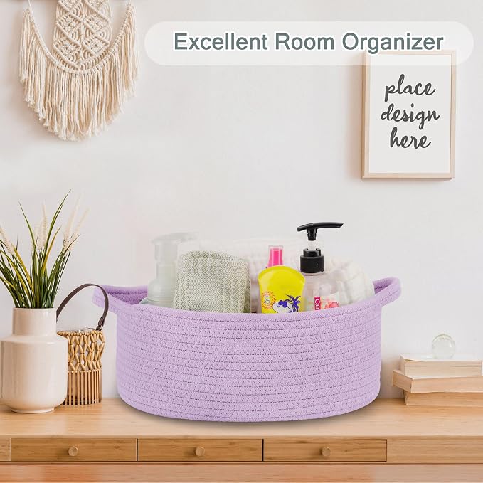 COMSE Empty Small Gift Basket with Bag & Ribbons, Purple | Cotton Rope, 12"x 8"x 5", Baby Toy Organizer, Stores Small Items for Bedrooms, Nurseries, Bathrooms, Living Rooms, Offices