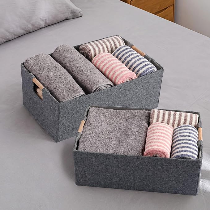 Fabric Storage Box, 15x11in Foldable Cotton Linen Basket with Wooden Handle | Medium Rectangular Cube Decorative Home Laundry Organizer Clothes Blanket Container Organizing Clothes Sheets Jeans, Gray