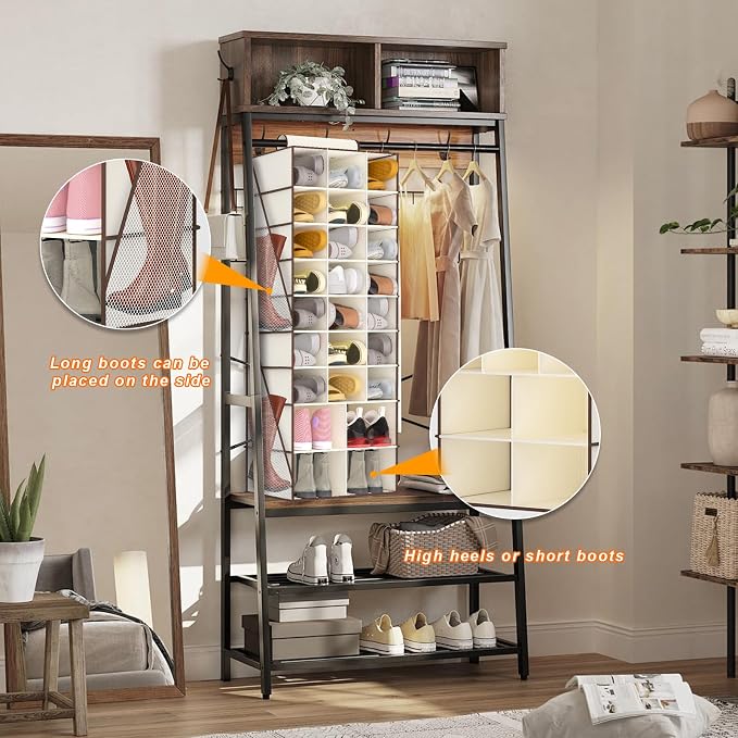 Hanging Shoe Organizer for Closet-Collapsible Storage Rack with 25 Sections & 4 Side Pockets, Hanging Shoe Shelves for Hats,and Clothes, Beige