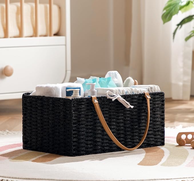 HBlife Large Baby Diaper Caddy Organizer, Paper Rope Storage Baskets Nursery Bin with Removable Divider, Portable Car Organizer for Diapers, Baby Shower Gifts, Newborn Essentials Must Haves