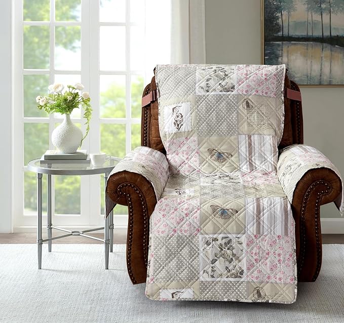Brilliant Sunshine Grey Cupid & Pink Roses Couch Recliner Cover, 28" seat | Quilted Sofa Cover, Living Room & Bedroom Furniture Protector, Large Washable Reclining Chair Slipcover for Pets, Dogs & Cats