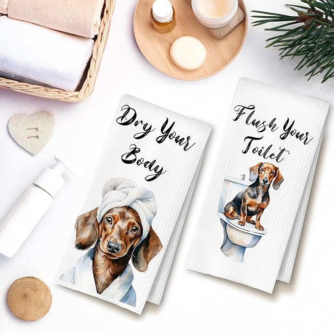 Funny Dachshund Hand Towels for Bathroom Washroom, Weiner Dog Bathroom Decor, Dachshund Gifts for Women Men, Humorous Dog Hand Towels, 16x24 Inch Set of 4