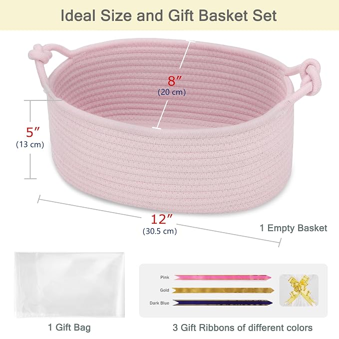Small Empty Gift Basket with Bag & Ribbons, Light Pink | 12“x8”x5”, Cotton Rope Woven Basket for Birthdays, Baby Showers, Mother's Day, Christmas; Stores Small Items, Kids & Pet Toys