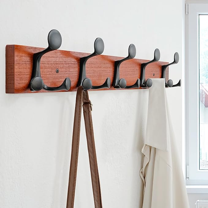 SKOLOO 24-Inch Cherry Wood Coat Rack Wall Mount with 5 Triple Hooks - Ideal for Family Entrances, Classrooms, and Pet Supplies Storage - Perfect Coat Hooks for Wall, Pack of 2