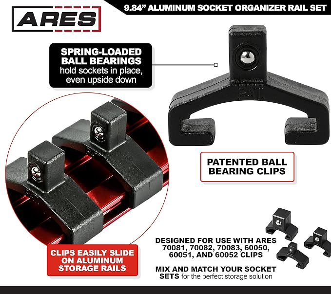 ARES 60077 1/4-In Multi-Color Socket Rail 9.84-In | Part No. 60077; Includes Red, Blue, and Black Rails; Each Aluminum Rail Stores up to 10 Sockets