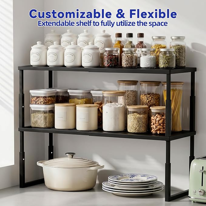 Expandable Cabinet Shelf Organizer, Stackable Countertop Shelves, Black | 15.8''- 25.5'' In Cabinet Shelf, Adjustable Kitchen Cabinet Organizer for Pantry Organizer, CupBoard Organizers and Storage