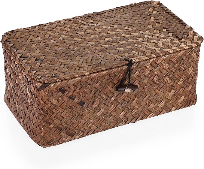 Hipiwe Wicker Shelf Baskets Bin with Lid, Handwoven Seagrass Storage Boxes | Rectangular Household Basket Boxes for Shelf Wardrobe Home Organizer, Coffee X-Small