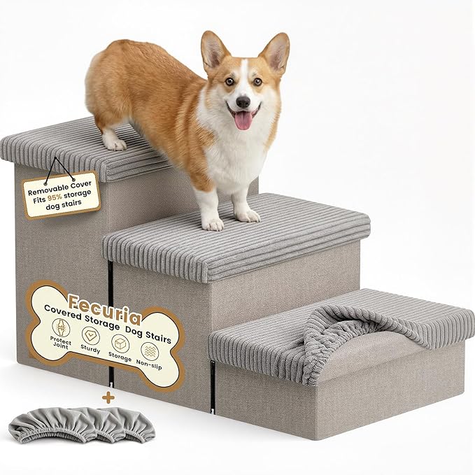 3-Step Wide Dog Stairs 18" H with Removable Cover, Non-Slip Storage Pet Steps for High Bed Couch, Pet Stairs for Small/Medium/Large Old Dogs Puppy Up to 200lbs, Cat Dog Steps for Car, Grey