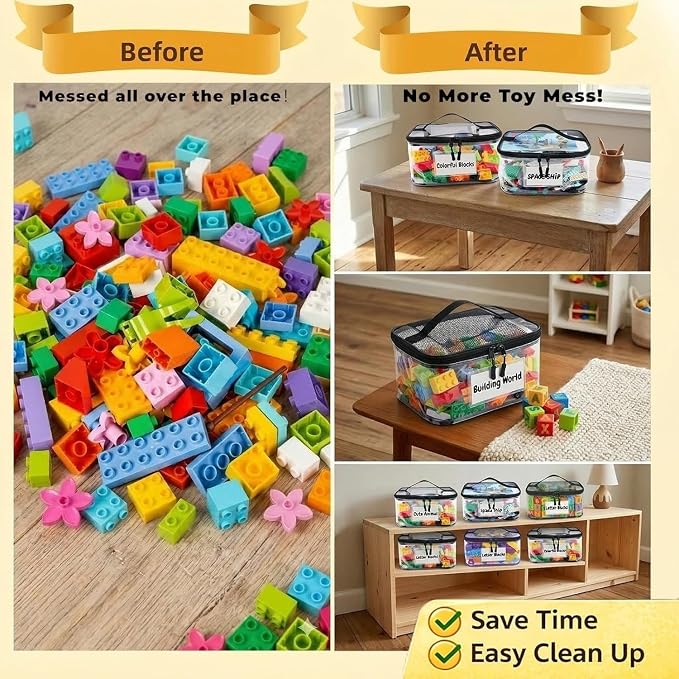 6 Pack Clear Toy Storage Bags, Kids Toy Organizer with Zipper | Waterproof PVC, Large Capacity for Puzzles, Blocks & Board Games, Easy Sorting with Labels