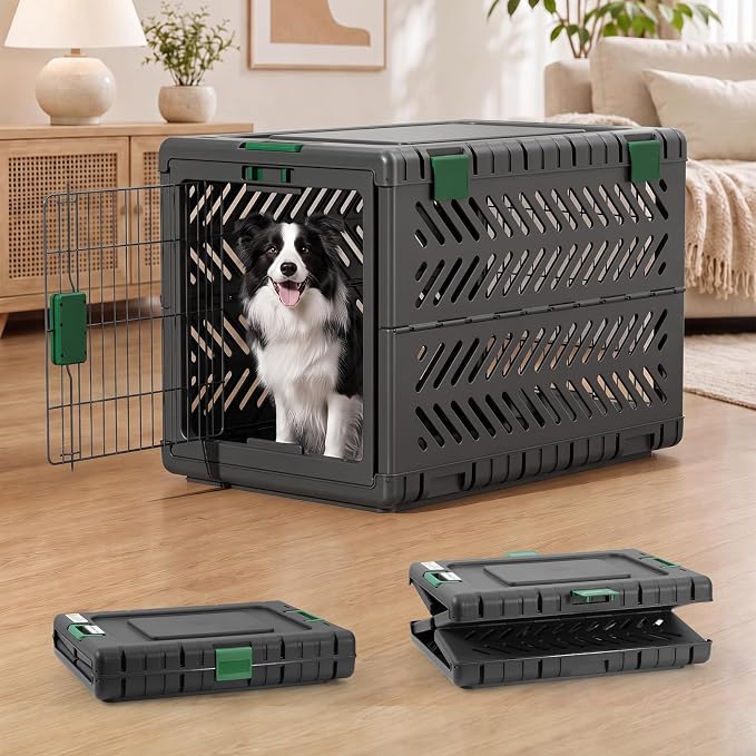 36" L Travel Dog Crate -Collapsible Dog Crate for Medium/Small Dogs, No Tools Required with Space Saving Design,Portable Foldable Dog Carrier with 2 Smooth Wheels,Handles for Easy Moving,Dark Grey