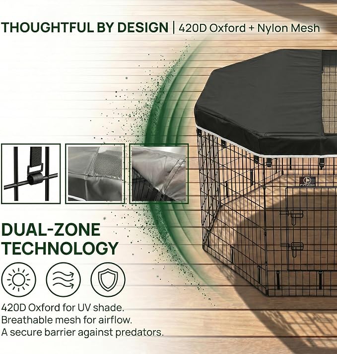 PJYuCien Octagonal Playpen Top Cover for 24" Side Metal Pet Pen, Black | Cozy Den for Puppy Small Animals, Half Mesh Half Oxford with Silver Coating, Predator & Weather Protection, Snap Hooks