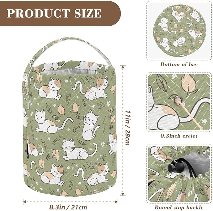 Fustylead Simple Cute Cats and Flower Leaves Crochet Drawstring Organizer, Large Yarn Bag Storage Tote Basket for Crocheting On The Go, Kit Holder, Gift for Knitter, Crochet Beginner