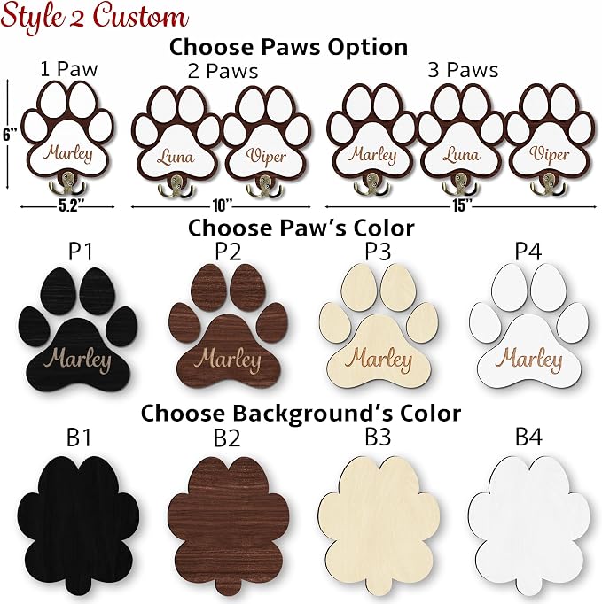 Personalized 2 Pack Dog Leash Holder for Wall Mount, Custom Name Paw Print Wooden Hook, Dog Collar and Harness Organizer, Key and Leash Holder for Entryway, Gift for Dog Lovers