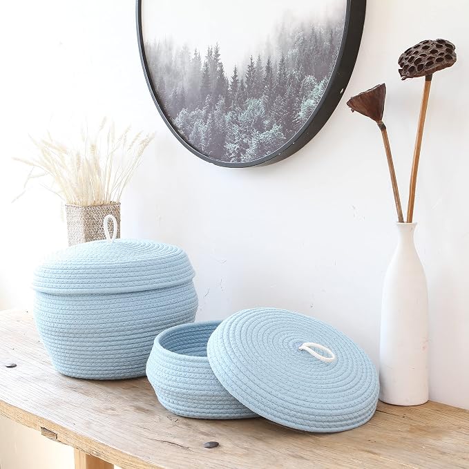 Sea Team Round Woven Cotton Rope Storage Basket with Lid, Blue | Lidded Knitted Decorative Storage Bin, Pot, Caddy, Organizer, Container for Snacks, Towels, Plants, 13 x 9 Inches