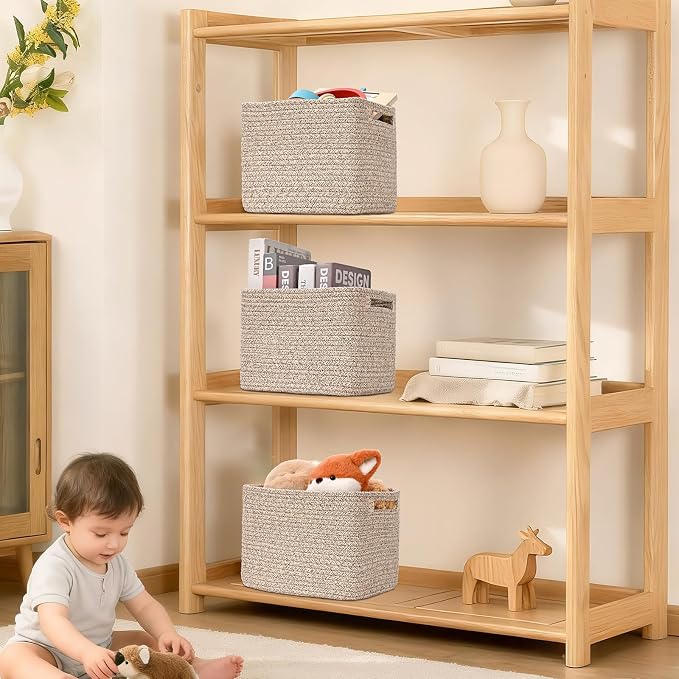 3 Pack Cube Storage Bin, 9”x9”x7” Cotton Rope Woven Baskets for Organizing Toys Clothes Towels, Square Gift Storage Baskets for Shelves, Nursery, Closet, Bathroom, Pantry (Jute)