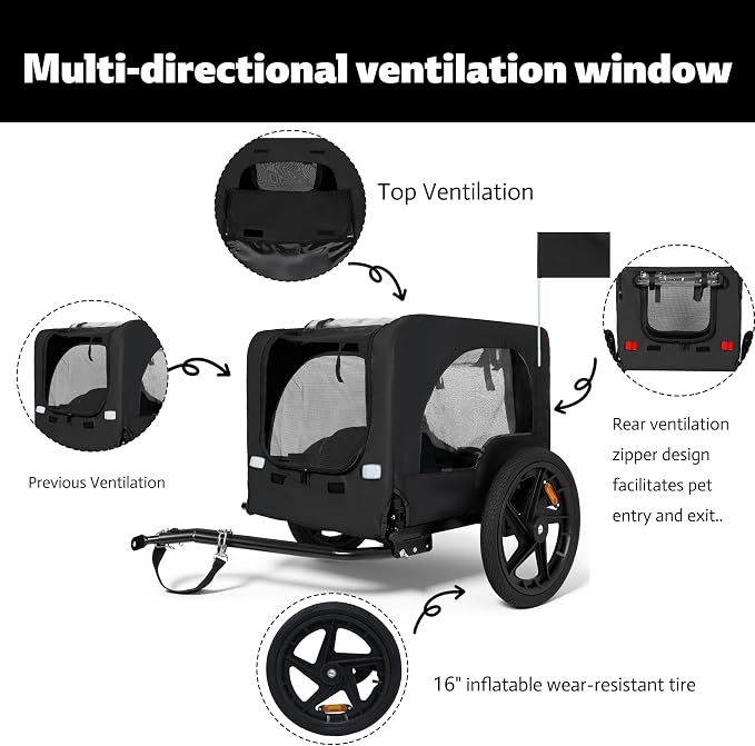 KEIKI Dog Bike Trailer with Built-in Leash, Pet Stroller Cart Bicycle Carrier, Easy Folding Cart Frame with Front Caster & 16" All-Terrain Wheels & Universal Hitch, Supports up to 66 lbs