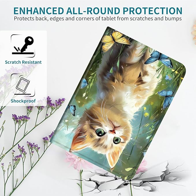 Case for Samsung Galaxy Tab S10 Ultra 2024/S9 Ultra 2023/S8 Ultra 2022 14.6", 360 Degree Rotating Stand with Multi-Angle Vertical Shockproof Shell for Women Men, Lawn Cat Butterfly