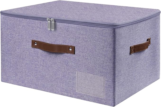 ANMINY Storage Box Fabric Bins with Zipper Lid, 17.7"x13.8"x10" Purple | Keepsake Box, Decorative, Cotton Linen, Reinforced PP Board Frame, Washable, Stackable & Foldable, Label Holder & PU Handles