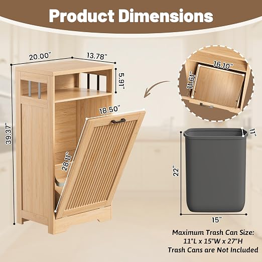 13 Gallon Tilt Out Trash Can Cabinet with Open Shelf & Storage - Pet Proof Hidden Recycling Cabinet & Wooden Laundry Hamper for Kitchen, Bathroom, Living Room,Natural Wood