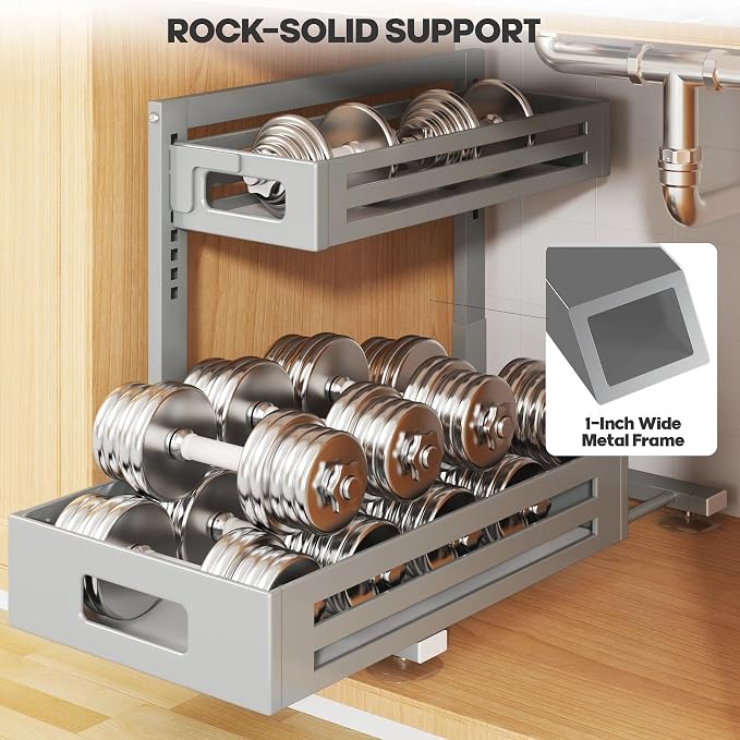 2 Pack 17IN-Depth Under Sink Organizer,Pull Out Cabinet Organizer With Smooth Cylindrical Rail,Metal Slide Out Drawer for Kitchen Bathroom Laundry,8-Level Tool Free Height Adjustable-Gun Gray