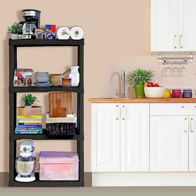 Oskar Heavy Duty Plastic Storage Shelves- for Garage, Kitchen, Bathroom Basement, Kids Room, Toys,Stackable 4-Tier Black, Organizer Rack for Books Shoes, Pantry, Cleaning and Closet Organization