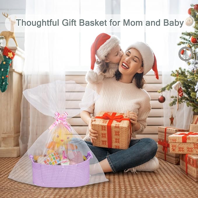 COMSE Small Gift Basket Empty with Bag & Ribbons, Solid Purple | Cotton Rope, 12"x 8"x 5", Pet Toy Storage Organizer, Woven Basket for Birthdays, Baby Showers, Mother’s Day, Valentine’s Day