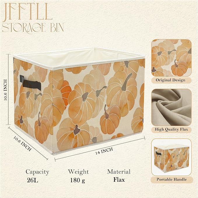 Fall Pumpkin Storage Bins with Handles, Fall Room Decor, Rustic Farmhouse Autumn Harvest Pumpkins Collapsible Laundry Basket Storage Box for Home Bedroom Bathroom Clothes Toys Books
