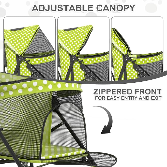 MoNiBloom Pet Stroller for Small/Medium Dogs and Cats, Lawn Green Polka Dots