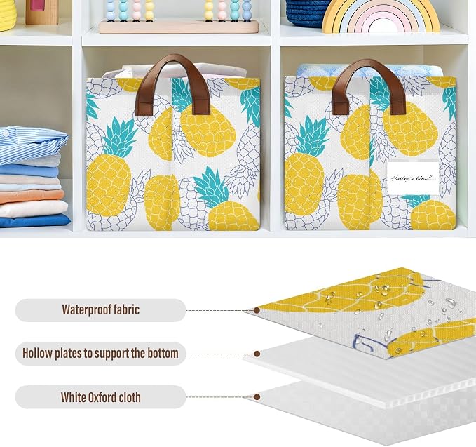 Aqua Blue and Yellow Pineapple Storage Basket Foldable Cube Storage Bins with Handles&Label Waterproof Collapsible Organizer Box Bin Large Rectangle Decorative Baskets for Shelves Home Room Laundry