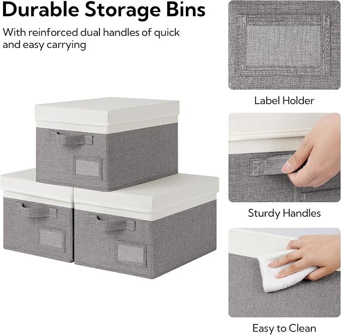 GRANNY SAYS Storage Bins with Lids, Decorative Storage Boxes with Lids | Storage Box with Dust Cover, Handles & Lable, Collapsible, Ideal for Closet Clothes Blanket Toys, Medium, White&Gray, 3-Pack