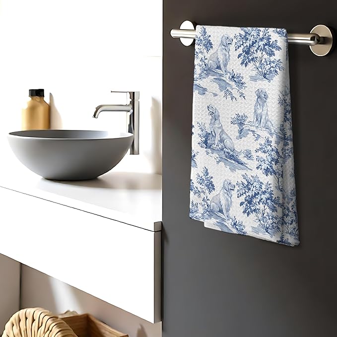 Chinoiserie Floral Golden Retriever Kitchen Towels, Blue and White Floral Golden Retriever Decorative Dish Tea Towels, Grandmillennial Botanical Dog Hand Towels for Kitchen Bathroom, 16x24 Inch