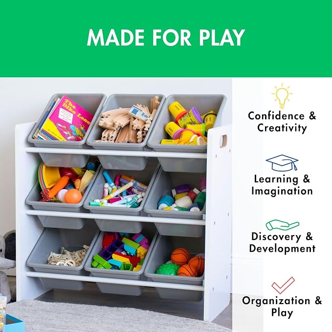 Humble Crew 9-Bin Toy Organizer – Explorer Natural White/Grey Plastic Bins, 3-Tier Storage Solution for Kids' Playrooms and Nurseries