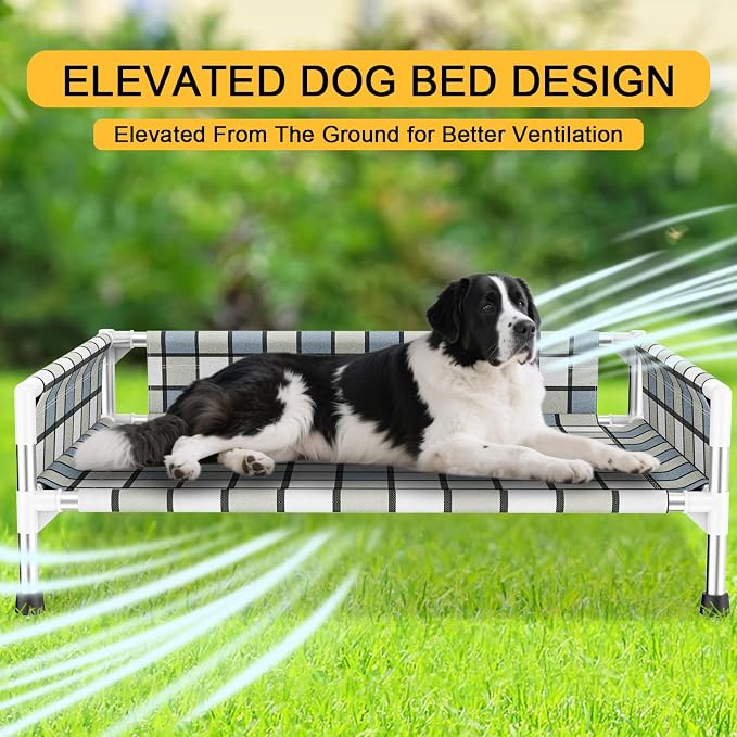 Elevated Dog Bed with with Guardrail, Raised 3-Fence Dog Hammock Bed | Breathable Lifted Stainless Steel Frame Dog Bed for All Pets, Cooling Washable Dog Cot