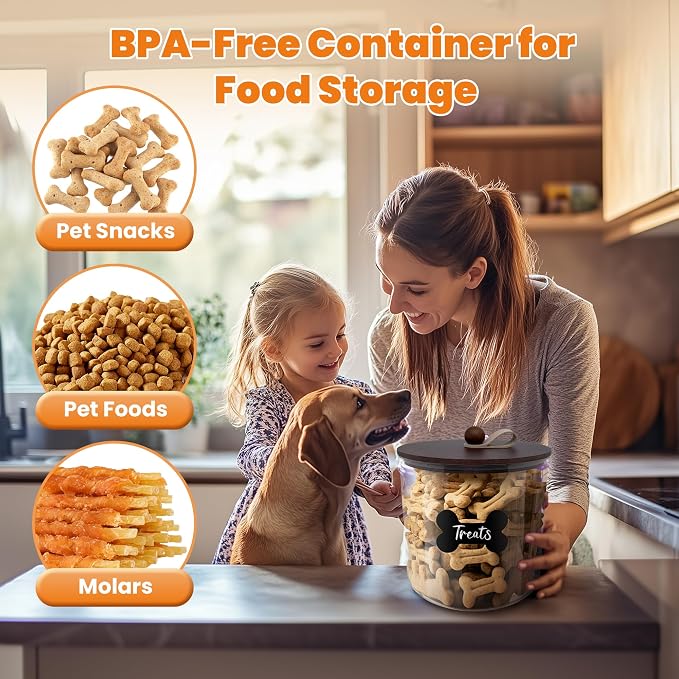 HOYTAMDAR 3 Pack Airtight Dog Treat Containers Bamboo Lids, Dog Treat Jars | Dog Food Storage Container with Scoops, Clamps, Labels and Marker, Dog & Cat Treat Holder