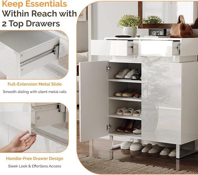 VINGLI Modern White Shoe Cabinet with LED Lights, High Gloss Entryway Shoe Storage Organizer with 2 Drawers & Adjustable Shelves, Freestanding Hidden Shoe Rack for 15+ Pairs, 30.7" W