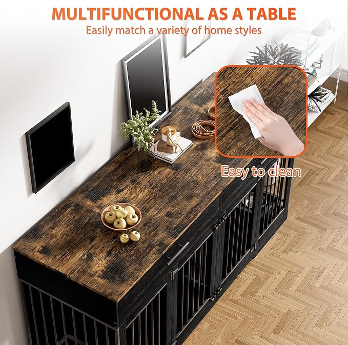 Rophefx 72" Double Dog Crate Furniture with Drawers and Divider, Black | Wooden dog kennel for 2 medium dogs with 2 drawers, removable divider, 4 bowls and TV stand top