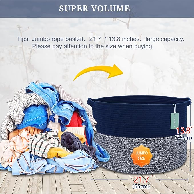Large Cotton Rope Blanket Basket, 87L Laundry Hamper, Navy Blue
