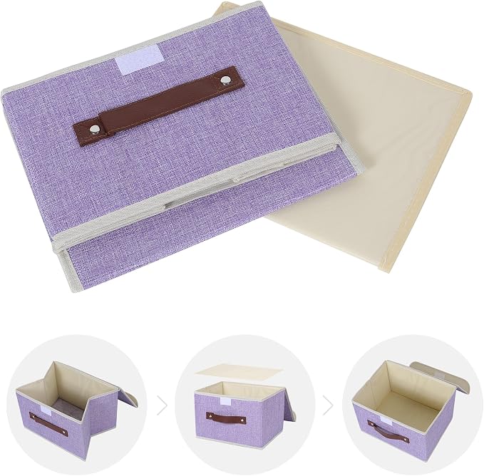ANMINY Fabric Storage Box Bins with Lids, Purple, 10"x8"x7" | Keepsake Memory Storage, Cotton Linen, PP Board Reinforced, Washable, PU Handles, Foldable & Stackable, Decorative, Small