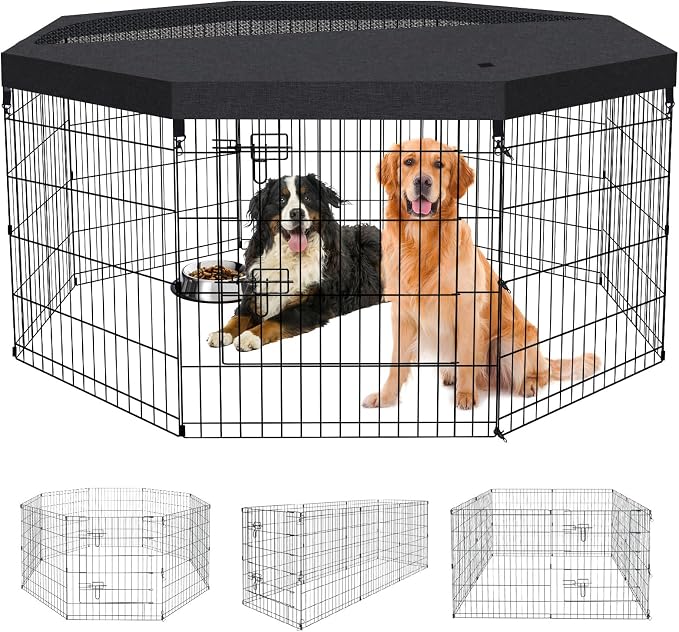 Peekaboo Dog Playpen 30 Inch, 8 Panel Metal Pet Fence with Top Cover | 30 Inch 8 Panel Foldable Rustproof Metal Dog Playpen with Octagonal Top Cover, GRS Certified Recycled Material
