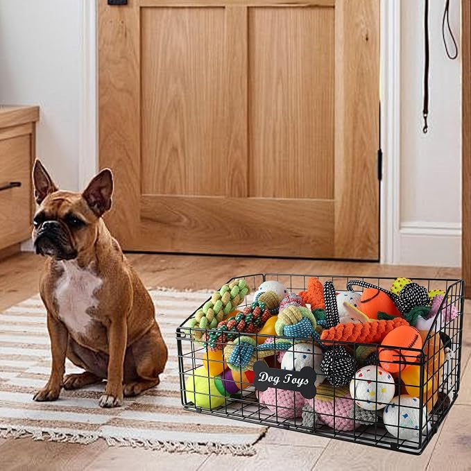 Geyecete 2 Pack Toy box for dogs large Dog Toy organizer Pet wire folding basket DOG TOY container dog toy box-Chew-Proof Dog Food Toy Storage-Black