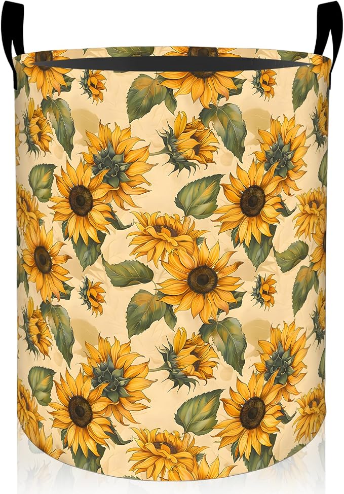Vibrant Sunflower Laundry Basket, Yellow Floral Foldable Oxford Cloth, Waterproof Dirty Clothes Hamper with Handles, Clothing Storage Bin Toy Organizer for Bedroom Dorm Bathroom, 19.7"x15.7"