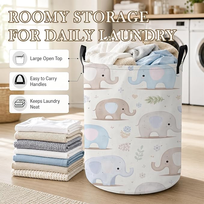 Baby Elephant Laundry Basket, Floral Leaves Collapsible Laundry Hamper Waterproof Oxford Cloth With Handles, Clothes Storage Bucket For Bathroom/Bedroom 16" x 20.8"
