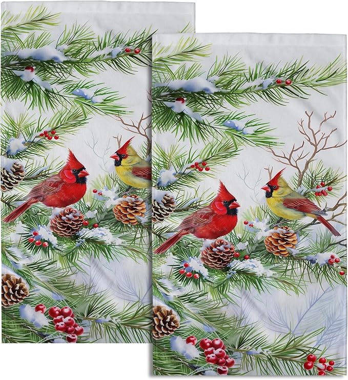 Giwawa Winter Birds Towel Set of 2 Christmas Red Birds Holly Berries Decorative Hand Towels Xmas Snow Pine Cones Soft Microfiber Face Towel Washcloth for Bathroom Guest Gym Spa Hotel Holiday