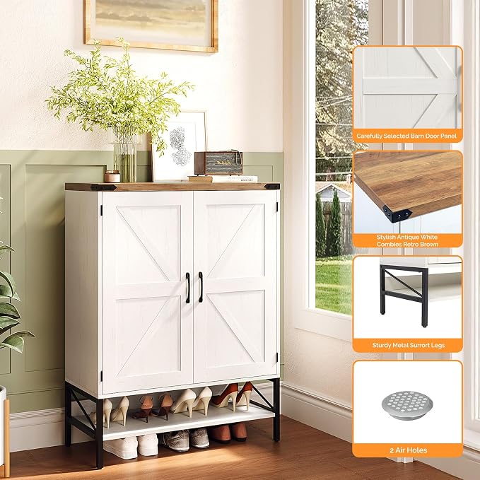 VINGLI Farmhouse Shoe Cabinet for Entryway, 32" Antique White Shoe Storage Cabinet with 2 Barn Doors, Large Capacity Shoe Organizer with Adjustable Shelves for Foyer, Bedroom, Closet