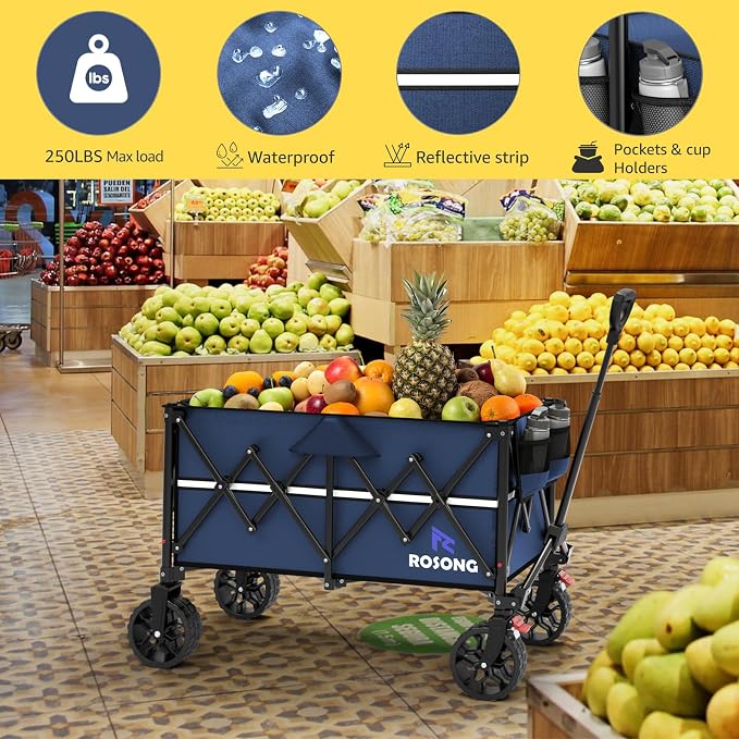 ROSONG Collapsible Wagon Cart with Wheels Foldable - Folding Utility Heavy Duty Wagons Carts for Grocery Sports Garden Shopping Camping Wheelbarrows (Navy Blue, 150L)