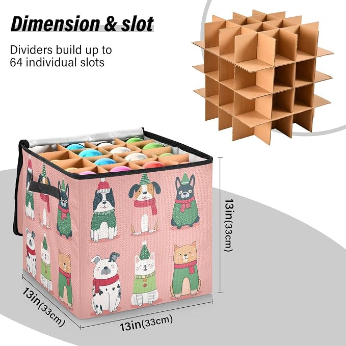 OTVEE Christmas Ornament Storage Box Holiday Decoration Organizer Stores upto 64 Holiday Ornaments Adjustable Dividers Tear-Proof Fabric Christmas Pet Print